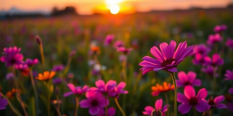 Sunset bathes a vibrant pink flower, violet hues blooming in a colorful meadow Nature's beauty unfolds in this field, blooming, naturephotography
