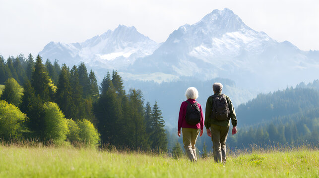 Couple hiking together in the mountains under blue sky. Symbol of outdoor adventure, connection, and wellness. Ideal for travel, relationship, or fitness visuals.