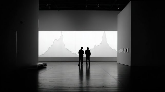 Two figures view large graphic on wall in dark gallery