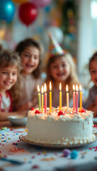 Lit birthday cake in focus with joyful children blurred in festive background.
