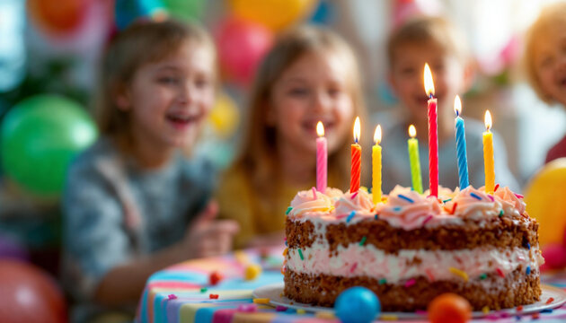 Lit birthday cake in focus with joyful children blurred in festive background.