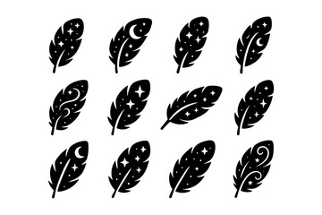 Inked feathers with moon and stars vector clip art collection