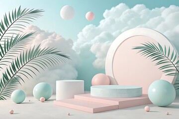 Fototapeta premium Pastel geometric podiums with foliage and clouds stage display