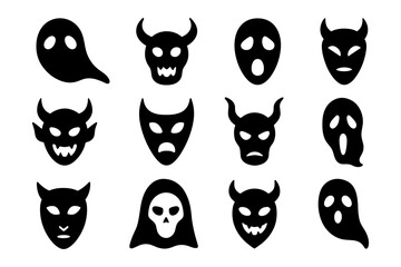 Set of halloween ghost and monster faces in black silhouette on white background