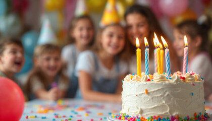 Lit birthday cake in focus with joyful children blurred in festive background.
