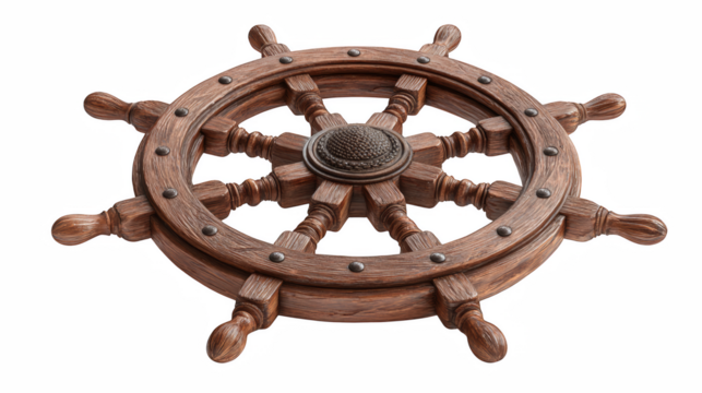 Vintage wooden ship's wheel, guiding adventure and nautical exploration