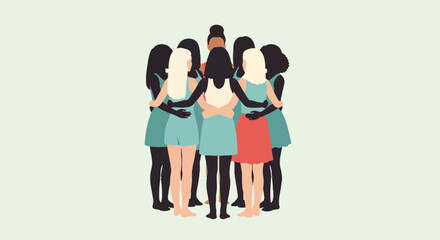 Obraz premium Diverse group of women embracing in a circle, symbolizing unity, support, and empowerment. Celebrating equality and sisterhood.