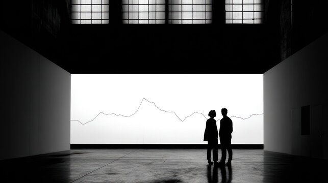 Two figures view a graph in a large hall