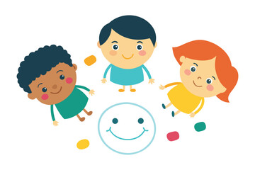 Universal Children&rsquo;s Day Chalk Art Vector &ndash; Happy Kids Drawing Smiles Overhead View.