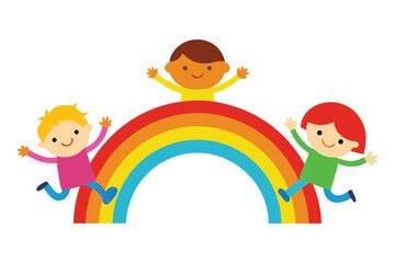 Universal Children’s Day Vector – Kids Jumping Over Rainbow in Unity and Joy.