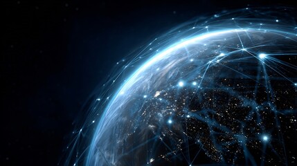 Futuristic digital planet wallpaper background showing Earth with glowing data lines AI satellites and connected global network