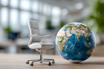 Office chair beside globe in modern workspace with natural light