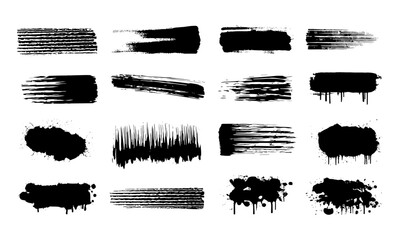 Vector paint brush and grunge stroke collection with black and white dirty silhouettes, splashes, sprays, drips, and blot textures. Acrylic style with stencil, graffiti, and messy ink effects included