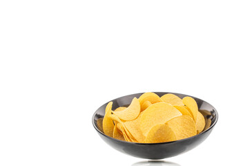 Crispy potato chips isolated on white background, close-up.