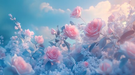 Fototapeta premium Dreamy pastel pink roses and lilac blossoms under a soft blue sky.