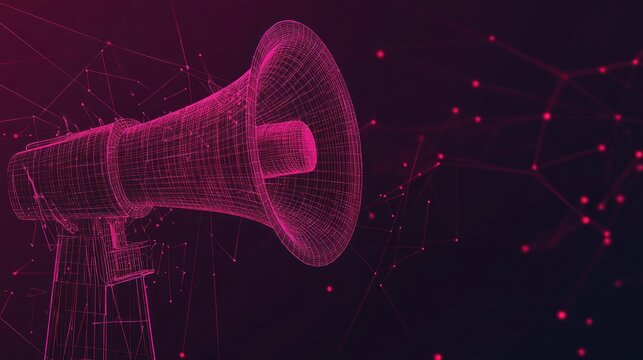 Abstract wireframe megaphone broadcasting digital message.