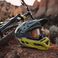 Fototapeta premium Mountain bike gear with safety helmet and bicycle on rocky terrain