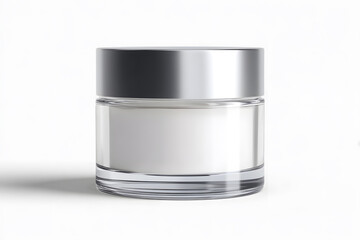 A minimal glass cosmetic jar with silver lid, isolated on white. Ideal for skincare branding, product packaging, or advertising clean beauty products.