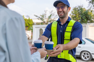 Delivery express courier young man use giving boxes or Food to woman customer  at front home