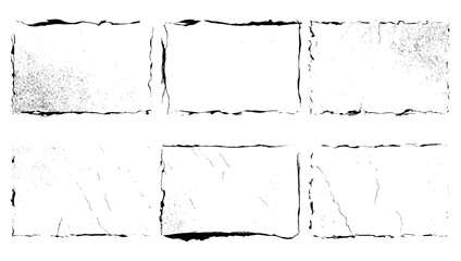 Worn paper overlay texture featuring torn edges, grainy effects, fading, and dust. Distressed vintage paper with antique traces and grunge stamps. Vector frame, border, vignette