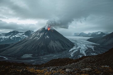 Fototapeta premium Volcanic eruption under dramatic stormy skies with glacial landscape