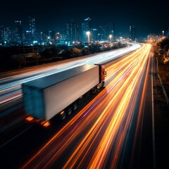 Nighttime Truck Driving on Highway with City Lights in Background