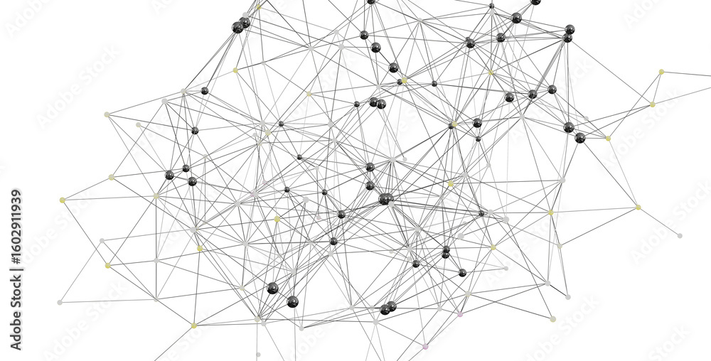 Poster abstract image depicting a complex network of interconnected nodes. ideal for technology, data scien