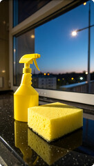 Yellow spray bottle and sponge on counter cleaning sponge