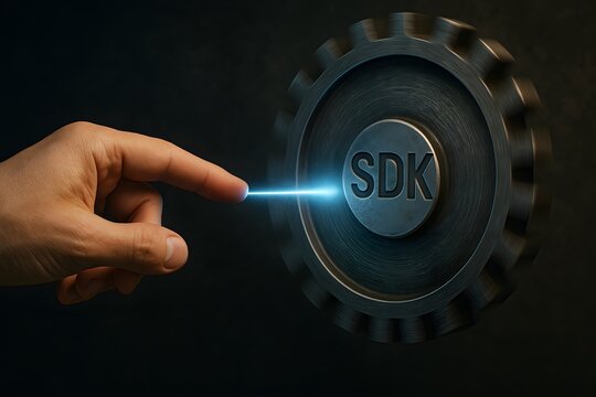 A finger interacting with the SDK text on a large gear, highlighting technology and innovation