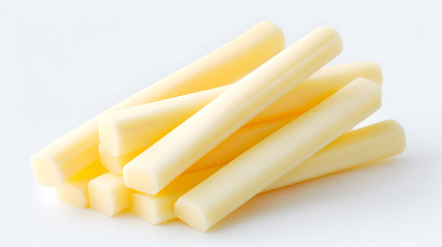 Close-up of string cheese sticks in creamy yellow tones, stacked on white surface. High-detail shot ideal for National String Cheese Day campaigns and dairy food packaging.