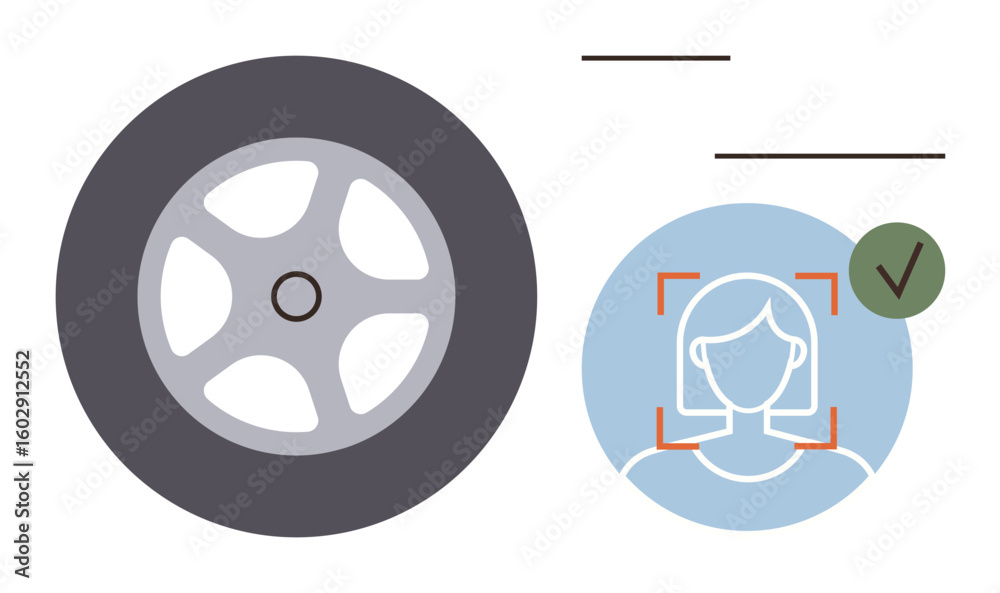 Poster wheel symbolizing mobility, facial recognition with a verification checkmark. ideal for technology, 
