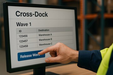 A person's hand interacting with a cross-dock screen. The screen is displaying a list of destinations