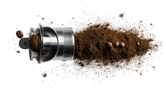 Coffee Grinder with Grounds and Beans on Transparent