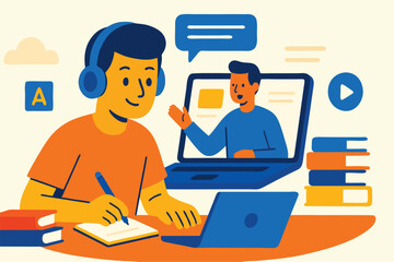Flat Vector Illustration of Student Attending Online Class with Books, Notes, and Digital Elements