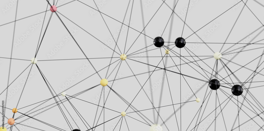 Poster abstract image depicting interconnected nodes and complex network relationships. ideal for tech, dat
