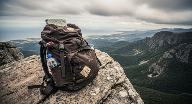 Worn Hiking Backpack Left Alone on Cliff&rsquo;s Edge an Mountain Landscape, The Thirst of Adventure, Dream of Travel