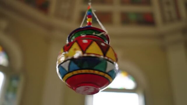 Vibrantly colorful Indian Dahi Handi pot, intricately decorated, suspended during the joyous Janmashtami festival, celebrating cultural traditions and devotion with artistic beauty.