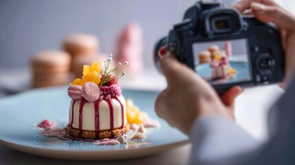 A hand holding a camera captures a beautifully plated dessert, highlighting the art of food photography and culinary presentation