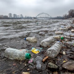 Pollution and Waste in Urban River with Trash and Plastic Bottles