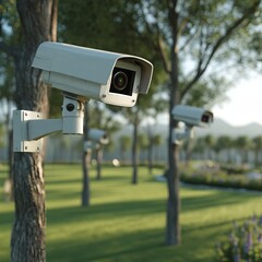 Security cameras mounted on trees in a park or public space, enhancing surveillance and safety