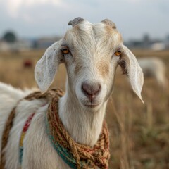 Portrait of a White Goat with Brown and Cream Colored Features