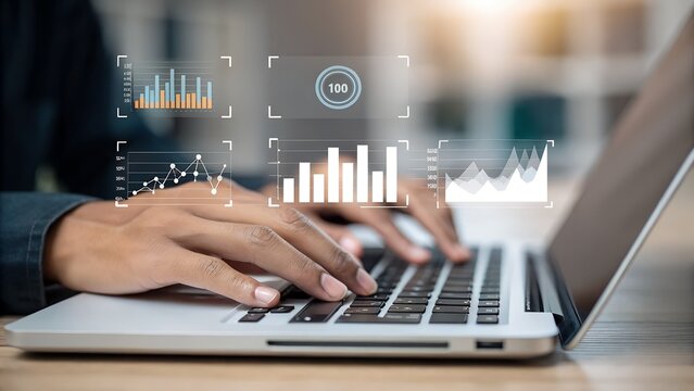 Professional analyzes financial data on laptop with dynamic charts and graphs overlay display