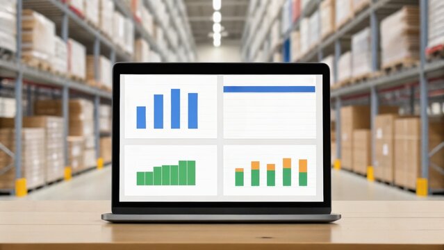 A laptop displaying data analytics charts in a warehouse setting, highlighting inventory management and logistics.