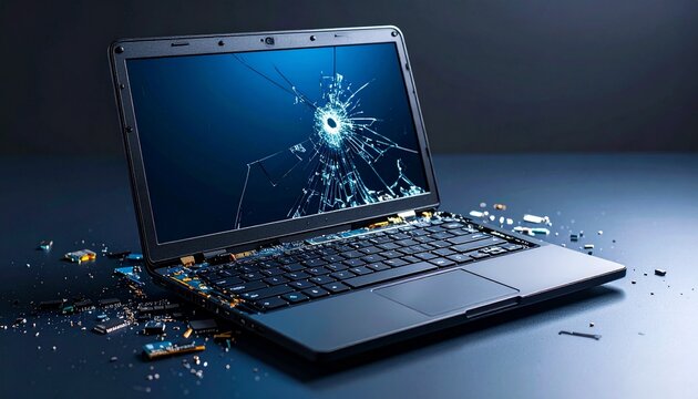 Broken laptop computer with separated screen from keyboard base, exposed internal cables, mechanical failure documentation