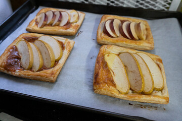 Apple and caramel dessert on puff pastry. Baking. Apples and caramel