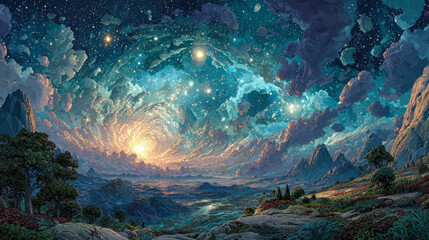 Abstract cosmic scene featuring a mystical creature surrounded by glowing space planets and ethereal nebulae