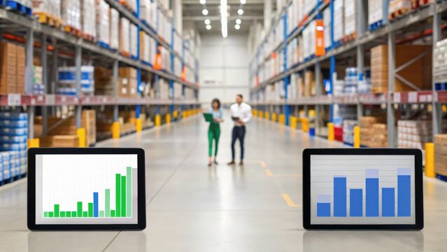 Two professionals discuss data insights in a warehouse, with graphs displayed on tablets, highlighting a modern business environment.