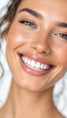 Confident woman smiling brightly with perfect white teeth, clean white backdrop.
