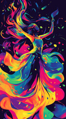 Vibrant abstract of woman dancing in multicolored flowing dress