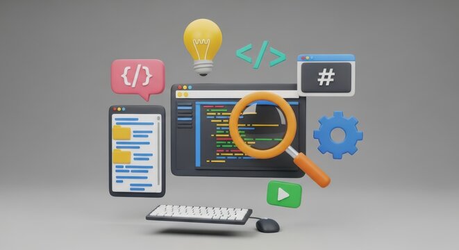 Floating code editor alongside keyboard and a magnifying glass create a vibrant development environment - Powered by Adobe